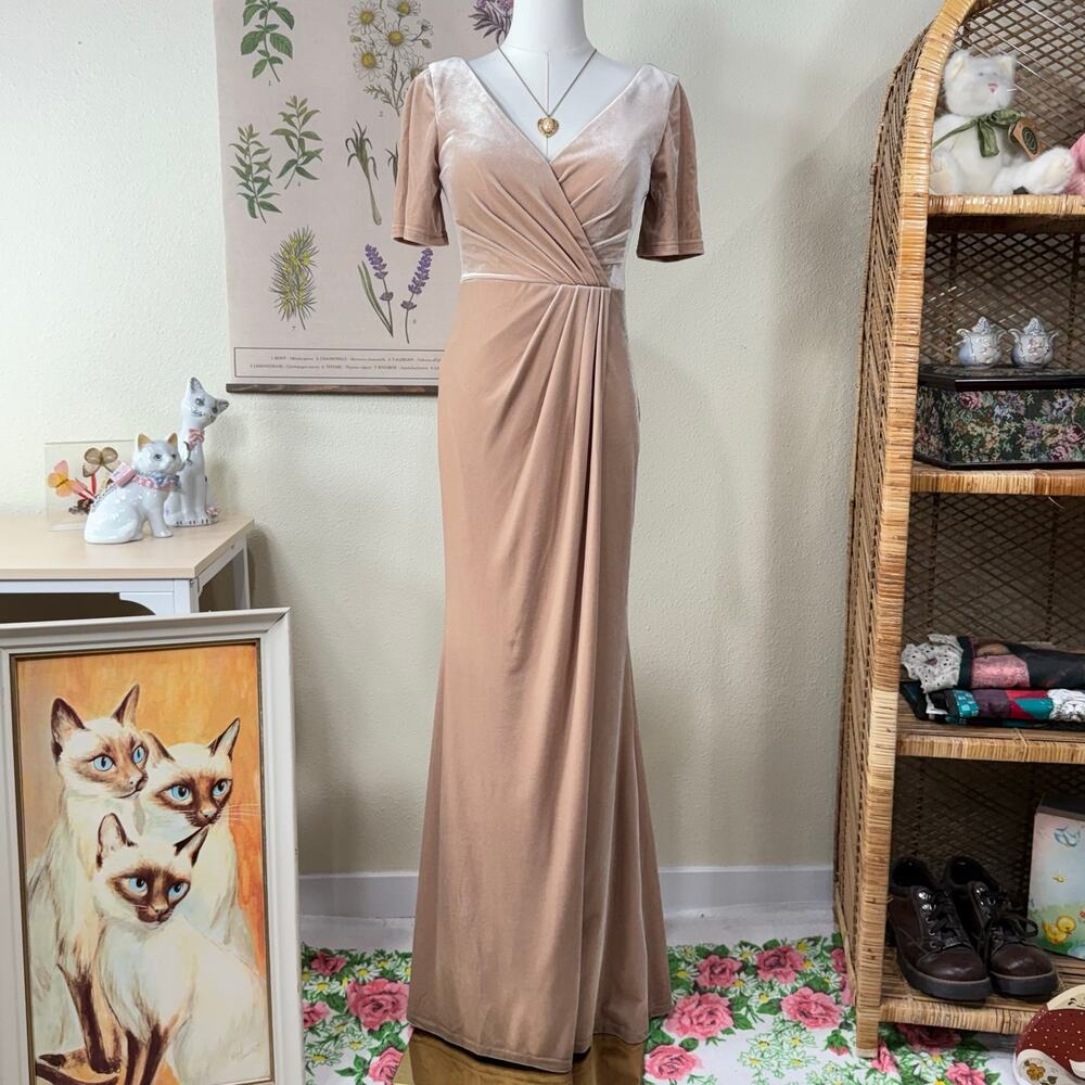 Revelry Giselle Velvet Faux Wrap Dress Gold Champagne Formal Bridesmaid Gown 0